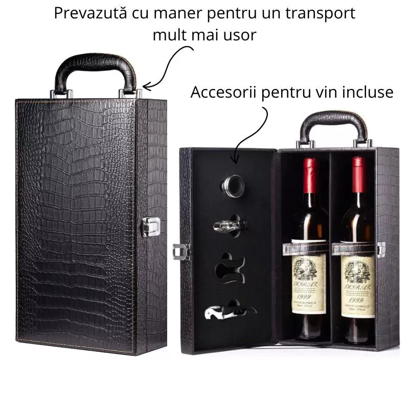 Cutie de vin Deluxe pentru 2 sticle, cu accesorii de vin incluse, piele ecologica de sarpe