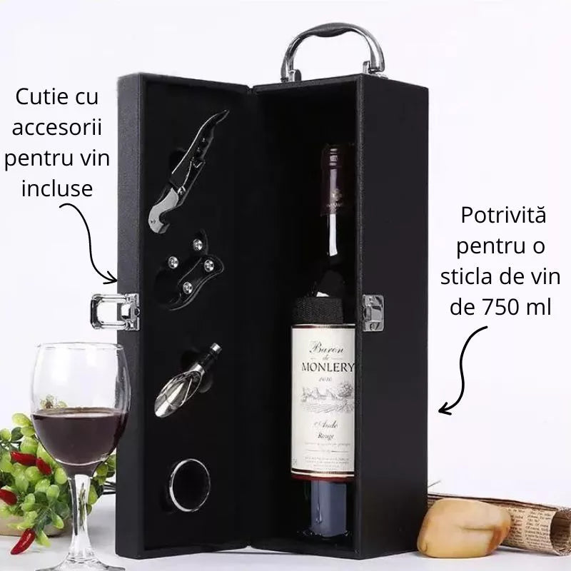 Cutie sticla vin cu accesorii din piele ecologica neagra