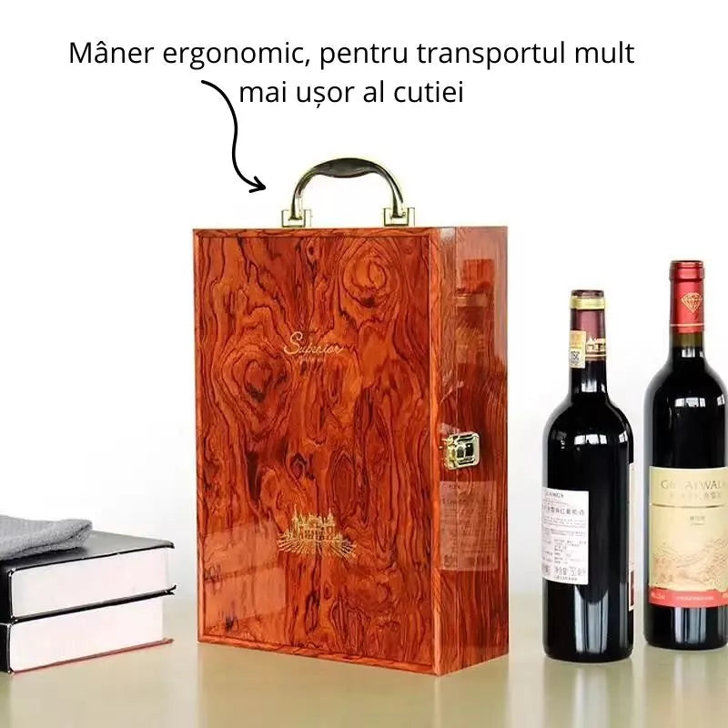 Cutie de vin Wood Deluxe pentru 2 sticle, cu accesorii de vin incluse, Vinluxe Elite