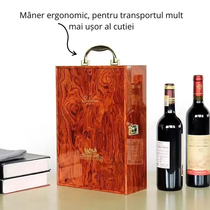 Cutie de vin Wood Deluxe pentru 2 sticle, cu accesorii de vin incluse, Vinluxe Elite - Delicatessen Delicatessen cutii vin