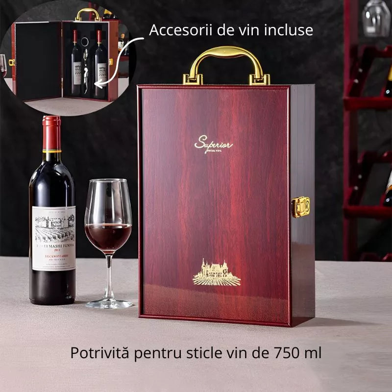 Cutie de vin Wood Deluxe pentru 2 sticle, cu accesorii de vin incluse, Vintrigue