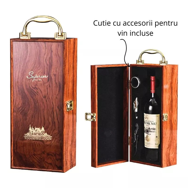 Cutie de vin Wood Deluxe pentru o sticla, cu accesorii de vin incluse, Vinception