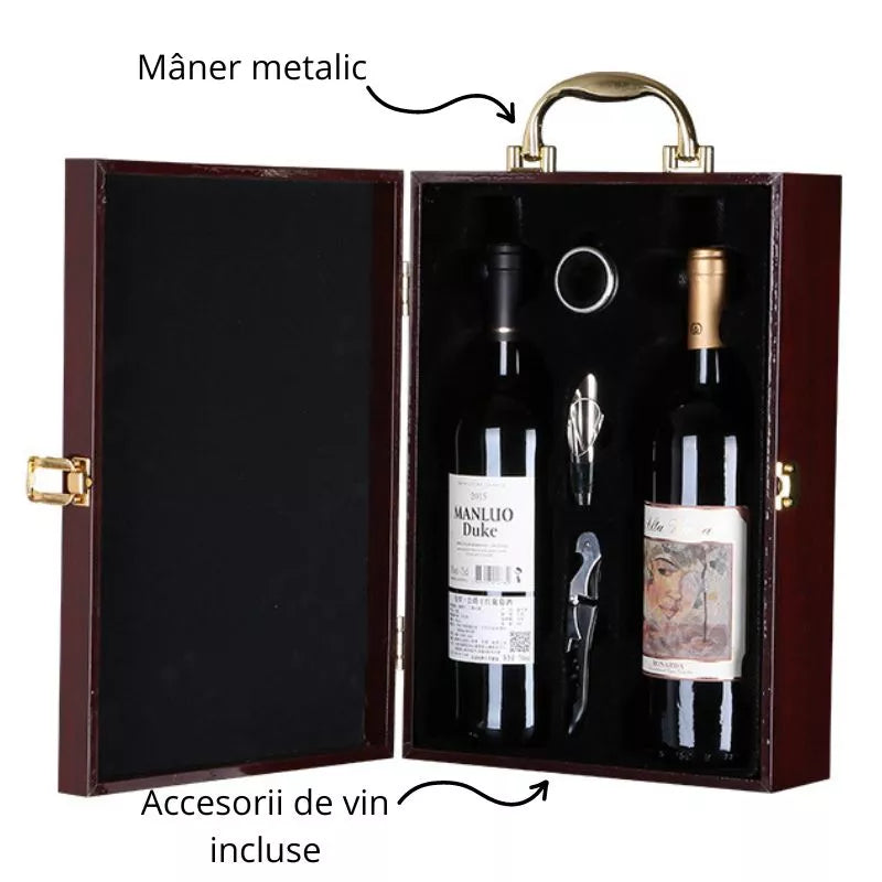 Cutie de vin Wood Deluxe pentru 2 sticle, cu accesorii de vin incluse, Prestige