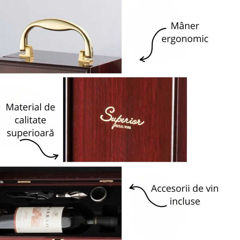 Cutie de vin Wood Deluxe pentru o sticla, cu accesorii de vin incluse, Vinquisite
