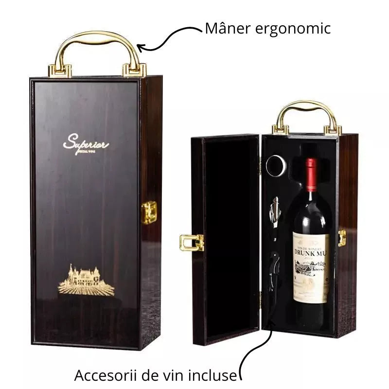 Cutie de vin Wood Deluxe, pentru 1 sticla, cu accesorii de vin incluse, Royale