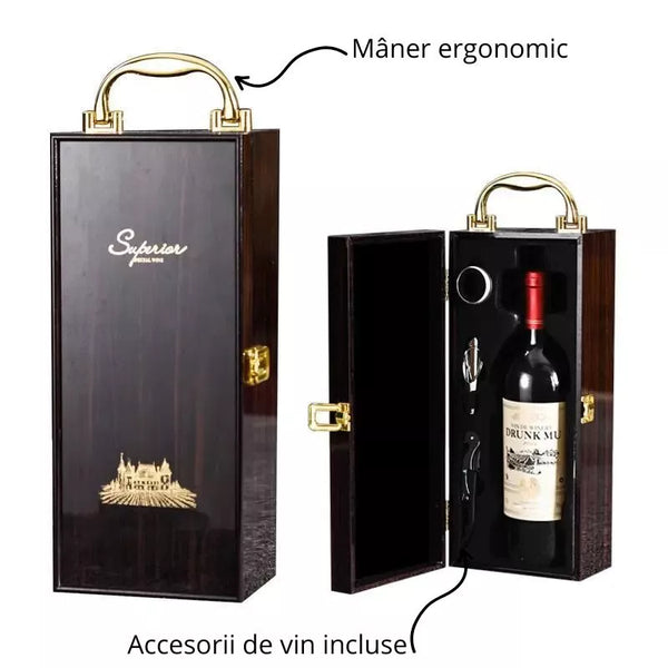 Cutie de vin Wood Deluxe, pentru 1 sticla, cu accesorii de vin incluse, Royale - Delicatessen Delicatessen cutii vin