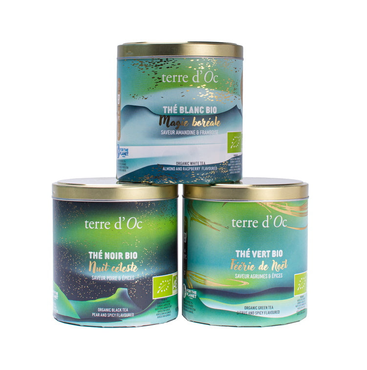 Set cadou 3 ceaiuri alb, verde, negru Editie de Craciun Terre d'Oc 3x50g