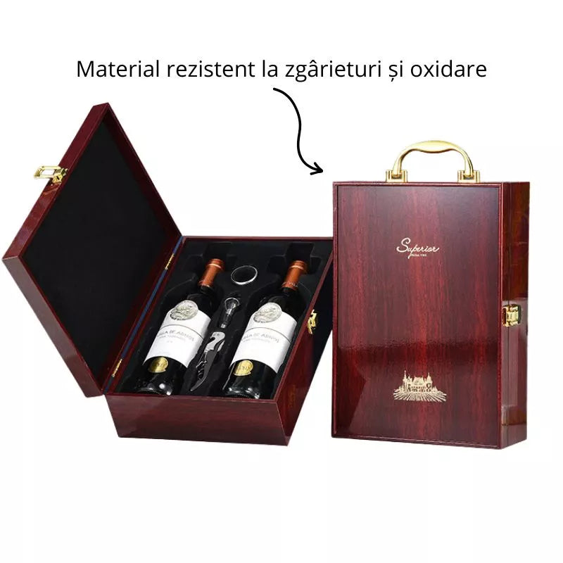 Cutie de vin Wood Deluxe pentru 2 sticle, cu accesorii de vin incluse, Vintrigue