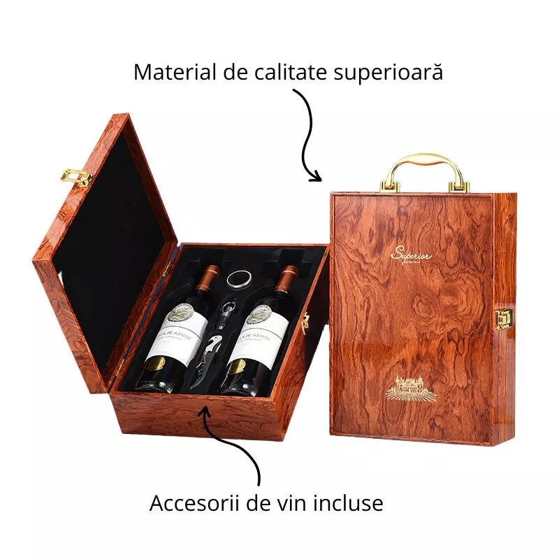 Cutie de vin Wood Deluxe pentru 2 sticle, cu accesorii de vin incluse, Vinluxe Elite