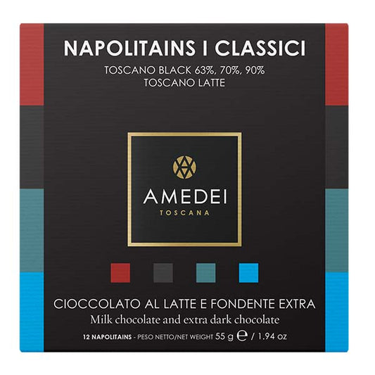 Cutie cu 12 tablete de ciocolată – ciocolată neagră 90%, 70%, 63% și ciocolată cu lapte 55g Amedei Amedei