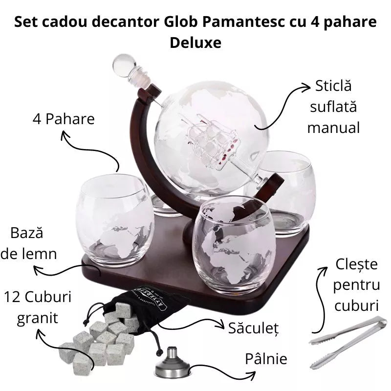 Set cadou decantor Glob Pamantesc cu 4 pahare Deluxe