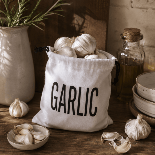 Sac de bumbac pentru usturoi, 25×25 cm — alb VdE Tivoli 1996