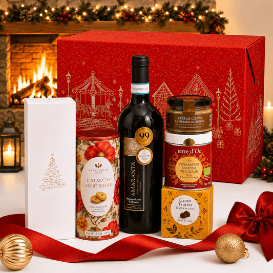 Pachet cadou de Crăciun cu vin Amaranta Tenuta Ulisse, pate de cerb La Chinata, praline și trufe Mathez