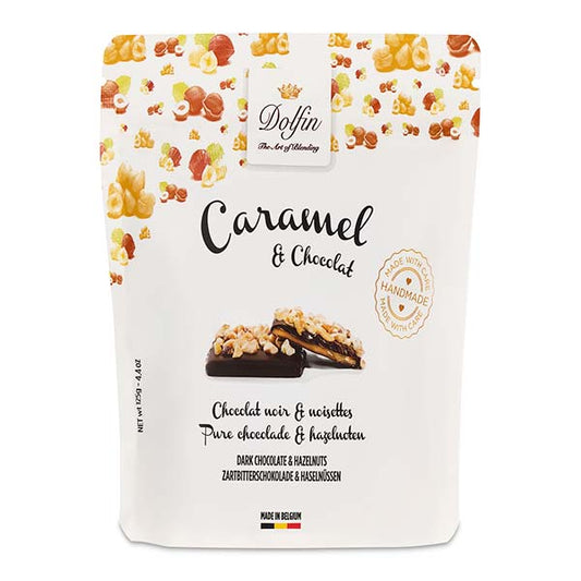 Caramele învelite în ciocolată neagră cu alune de pădure prăjite 125g Dolfin Delicatessen