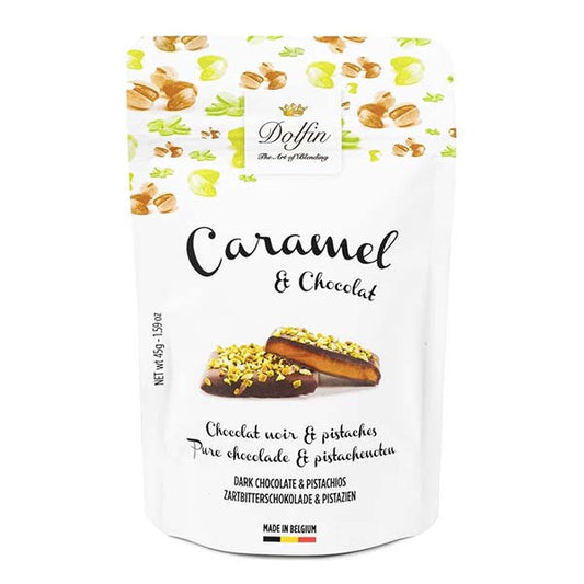 Caramele învelite în ciocolată neagră și fistic prăjit 125g Dolfin Dolfin