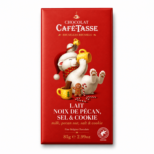 Ciocolata cu lapte cu nuci pecan, sare si biscuiti Cafe-Tasse 85g - Editie de Craciun