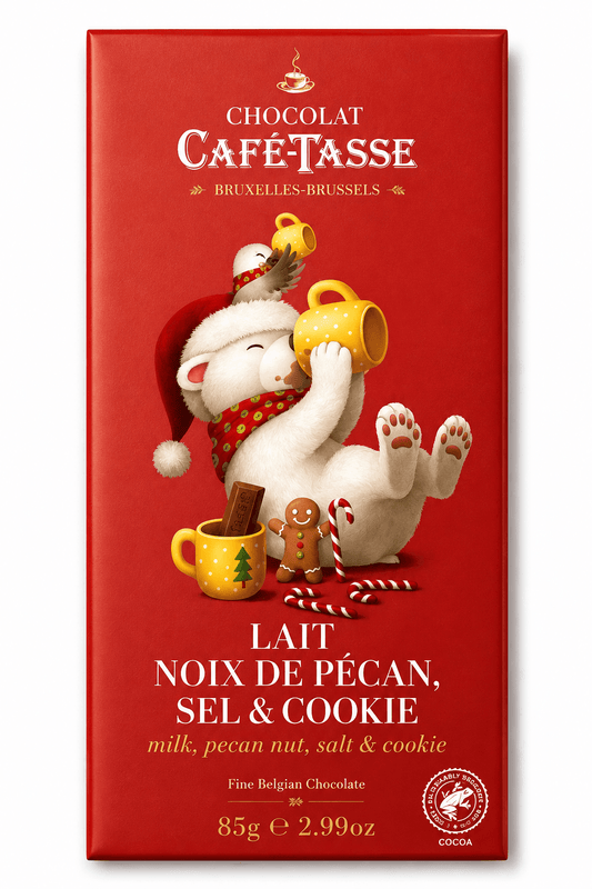 Ciocolata cu lapte cu nuci pecan, sare si biscuiti Cafe-Tasse 85g - Editie de Craciun Café-Tasse