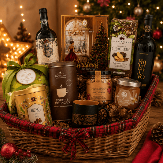 Coș cadou de Crăciun cu panettone, trufe de ciocolată și vin roșu Delicatessen