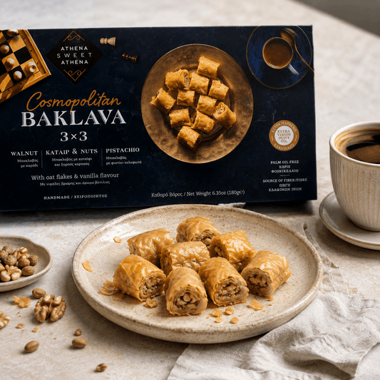 Baklava Cosmopolitan 3×3 nucă, kataifi, fistic, 180g – Athena Sweet Athena Athena Sweet Athena