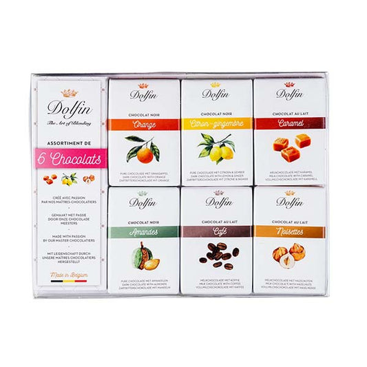 Cutie asortată cu 6 mini tablete de ciocolată 60g Dolfin Delicatessen