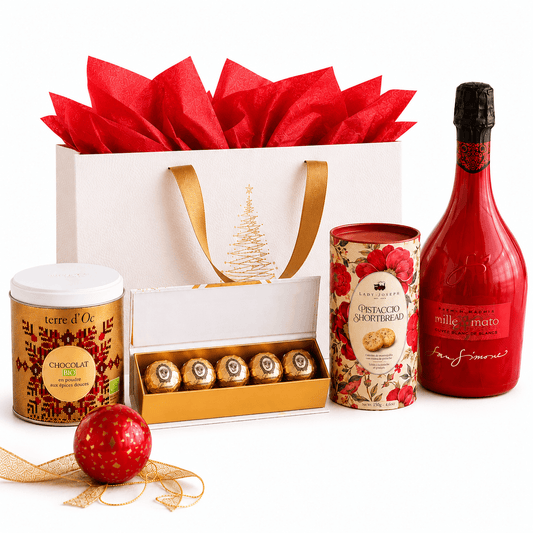 Pachet cadou Elegant cu spumant San Simone, ciocolată caldă Terre d'Oc, glob cu trufe Mathez și biscuiți Lady Joseph