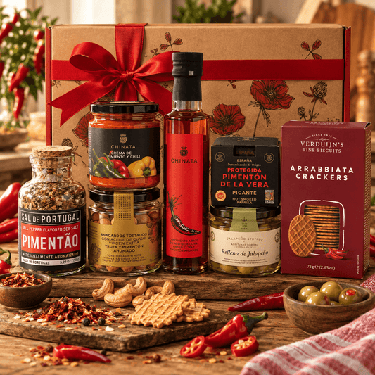 Pachet cadou cu paprika: boia afumată Don Gastronom, ulei cu paprika La Chinata, măsline Gordal cu jalapeño și crackers Arrabbiata