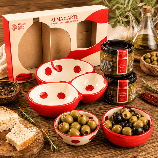 Spanish Tapas set cadou Alma & Arte cu bol trio din ceramică și 2 borcane de măsline Don Gastronom