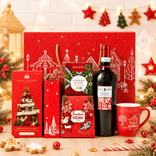 Pachet cadou de Crăciun Too Much Red cu vin Montepulciano Premium, praline și cană de ceramică roșie