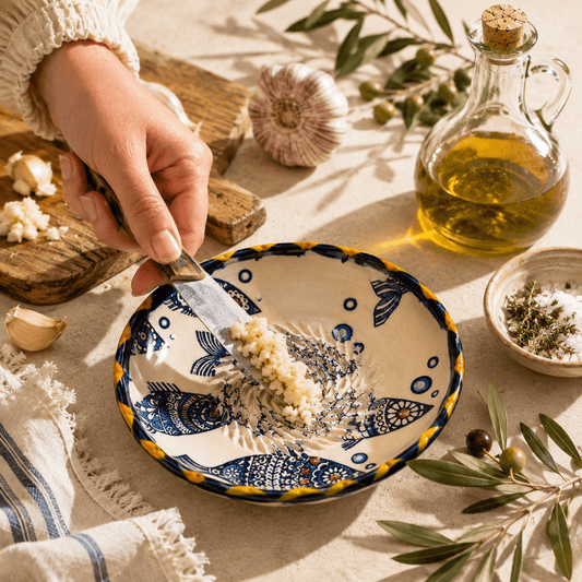 Răzătoare de usturoi din ceramică Don Gastronom, pești albastru cu galben 12,5 cm Don Gastronom