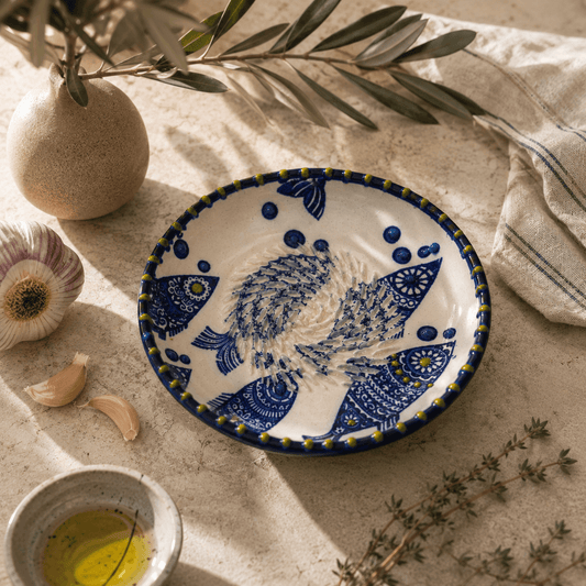 Răzătoare de usturoi din ceramică cu pești pictați pe fond albastru și verde, 12,5 cm