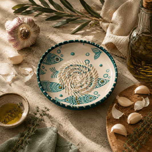 Răzătoare de usturoi din ceramică cu pești pictați pe fond bleu și verde, 12,5 cm
