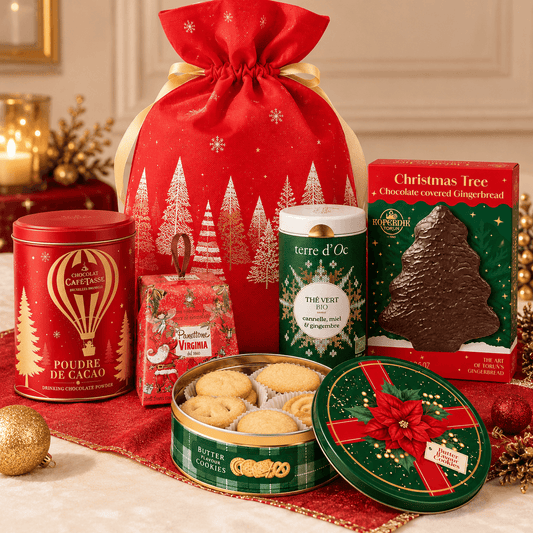 Sac roșu cadou de Crăciun cu ciocolată caldă Café-Tasse, ceai Terre d'Oc, turtă dulce Kopernik și mini panettone