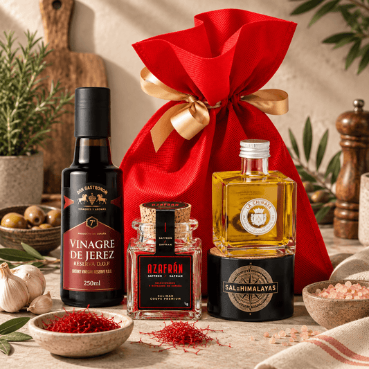 Săculeț cadou pentru bucătari cu șofran Don Gastronom, oțet de Sherry, ulei de măsline La Chinata și sare neagră de Himalaya