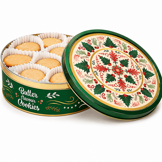 Biscuiți cu aromă de unt Becky's Seasonal 340g cutie metalică verde Becky's