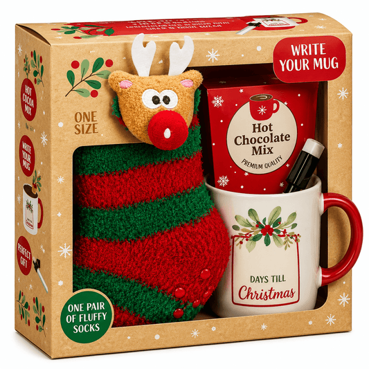 Set cadou Secret Santa: cană, ciocolată caldă și șosete pufoase cu ren