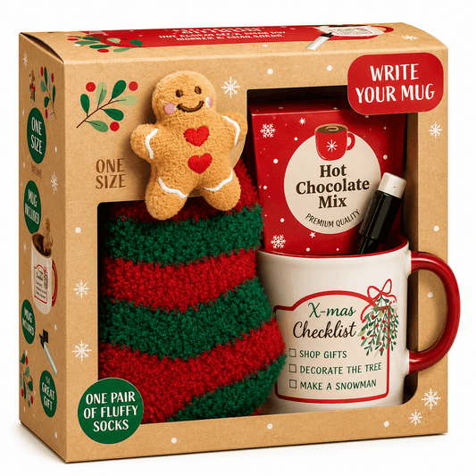 Set cadou Secret Santa: cană, ciocolată caldă și șosete pufoase model ginger