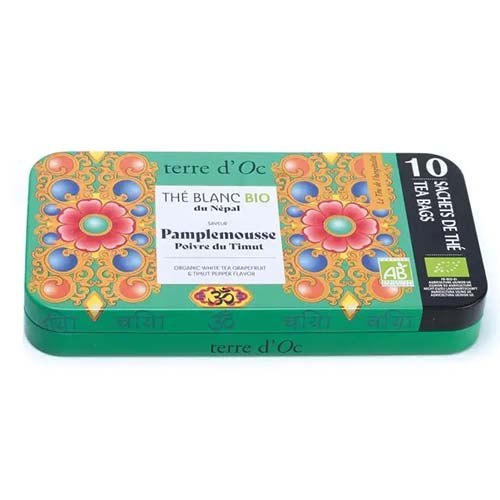 Ceai alb organic cu aromă de grapefruit și piper Timut Terre d'Oc 20g - penar metalic cu 10 infuzii Terre d'Oc