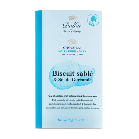 Tabletă de ciocolată neagră cu biscuiți shortbread și sare de Guérande 70g Dolfin Delicatessen