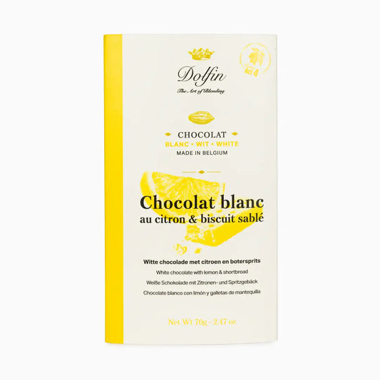 Tabletă de ciocolată albă cu lămâie și biscuiți shortbread 70g Dolfin Delicatessen