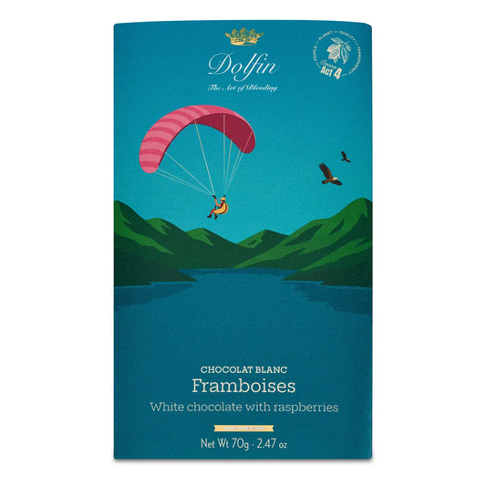 Tabletă de ciocolată albă cu zmeură Colecția de Vară 70g Dolfin Delicatessen
