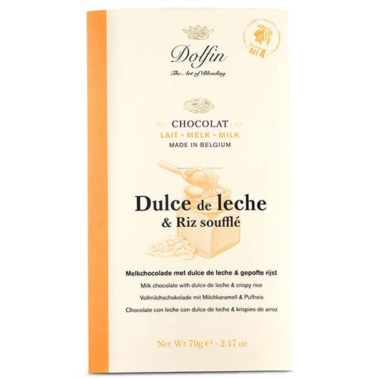 Tabletă de ciocolată cu lapte cu dulce de leche și orez expandat crocant 70g Dolfin Delicatessen