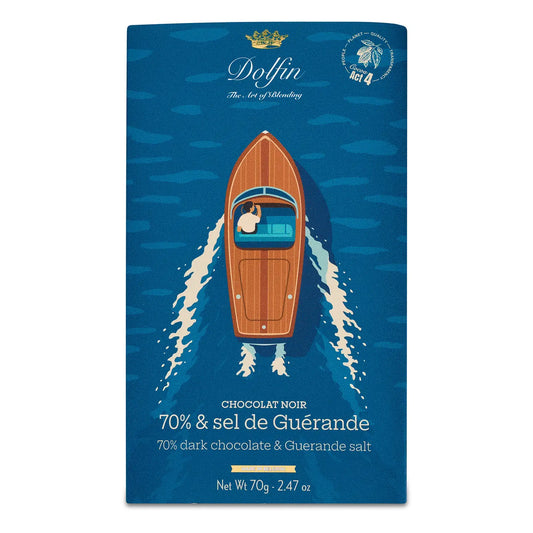 Tabletă de ciocolată neagră 70% și sare de Guérande Colecție de vară 70g Dolfin Delicatessen