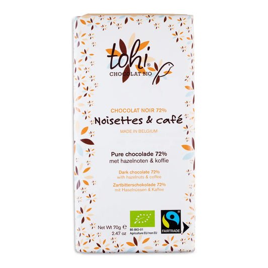 Tabletă de ciocolată neagră 72% cu alune de pădure și cafea 70g Dolfin - produs bio Delicatessen