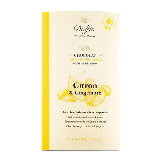 Tabletă de ciocolată neagră cu lămâie și ghimbir 70g Dolfin Delicatessen