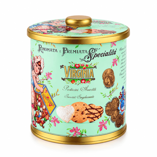Fursecuri asortate Amaretti Virginia 260g în cutie metalică