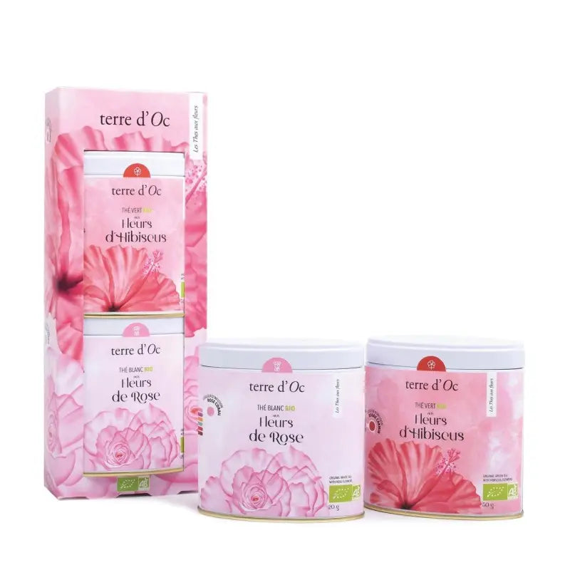 Set cadou ceai alb cu flori de trandafir si ceai verde bio cu flori de hibiscus Terre d'Oc 70g