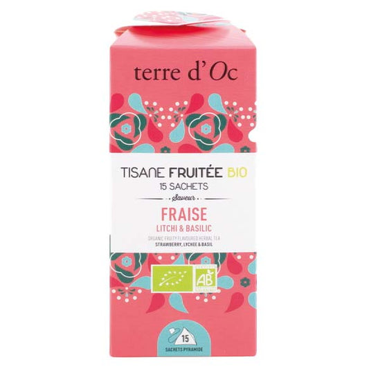 Ceai organic fructat cu căpșuni, litchi și busuioc 15 infuzii Terre d'Oc Delicatessen