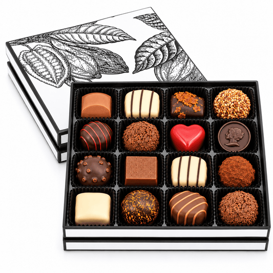 Bruyerre cutie pătrată CACAO blanc/noir cu praline belgiene Bruyerre