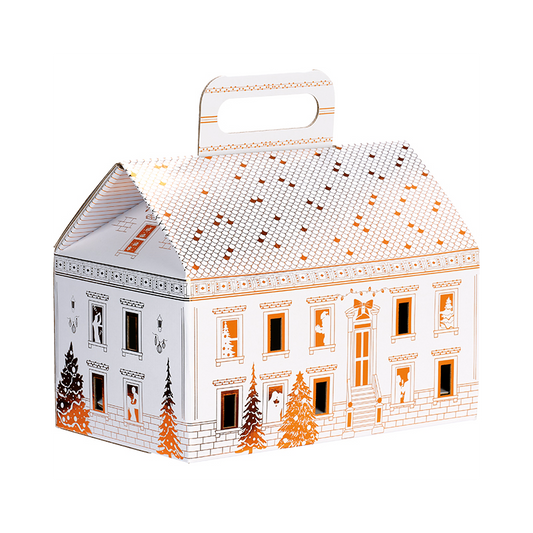 Cutie carton în formă de căsuță Festive City cu mâner alb/auriu 31 x 19 x 23 cm Delicatessen