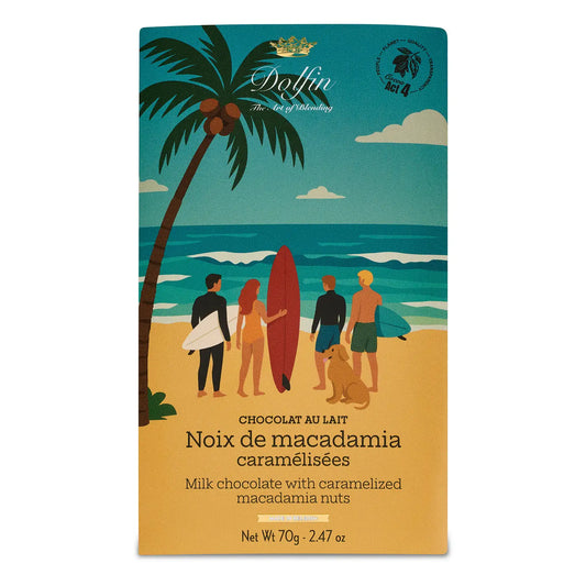 Tabletă de ciocolată cu lapte cu nuci de macadamia caramelizate Colecție de vară 70g Dolfin Delicatessen